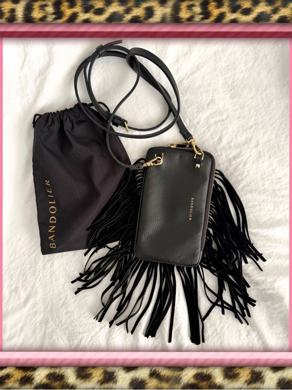 Bandolier Black Leather Fringe Crossbody Phone Pouch with Gold Hardware. NWOT